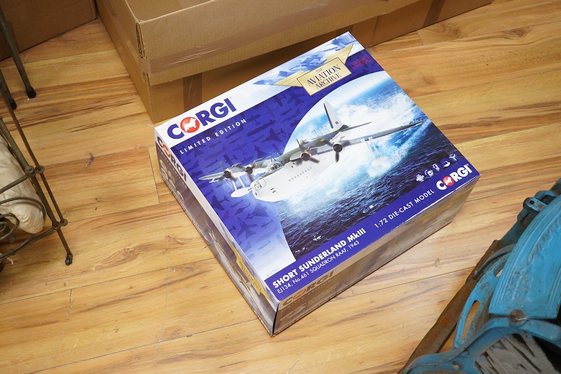 Three boxed 1:72 scale Corgi Aviation Archive aircraft; a Short Sutherland Mk.III, a Consolidated Catalina Mk.IVa, and a B-24 Liberator